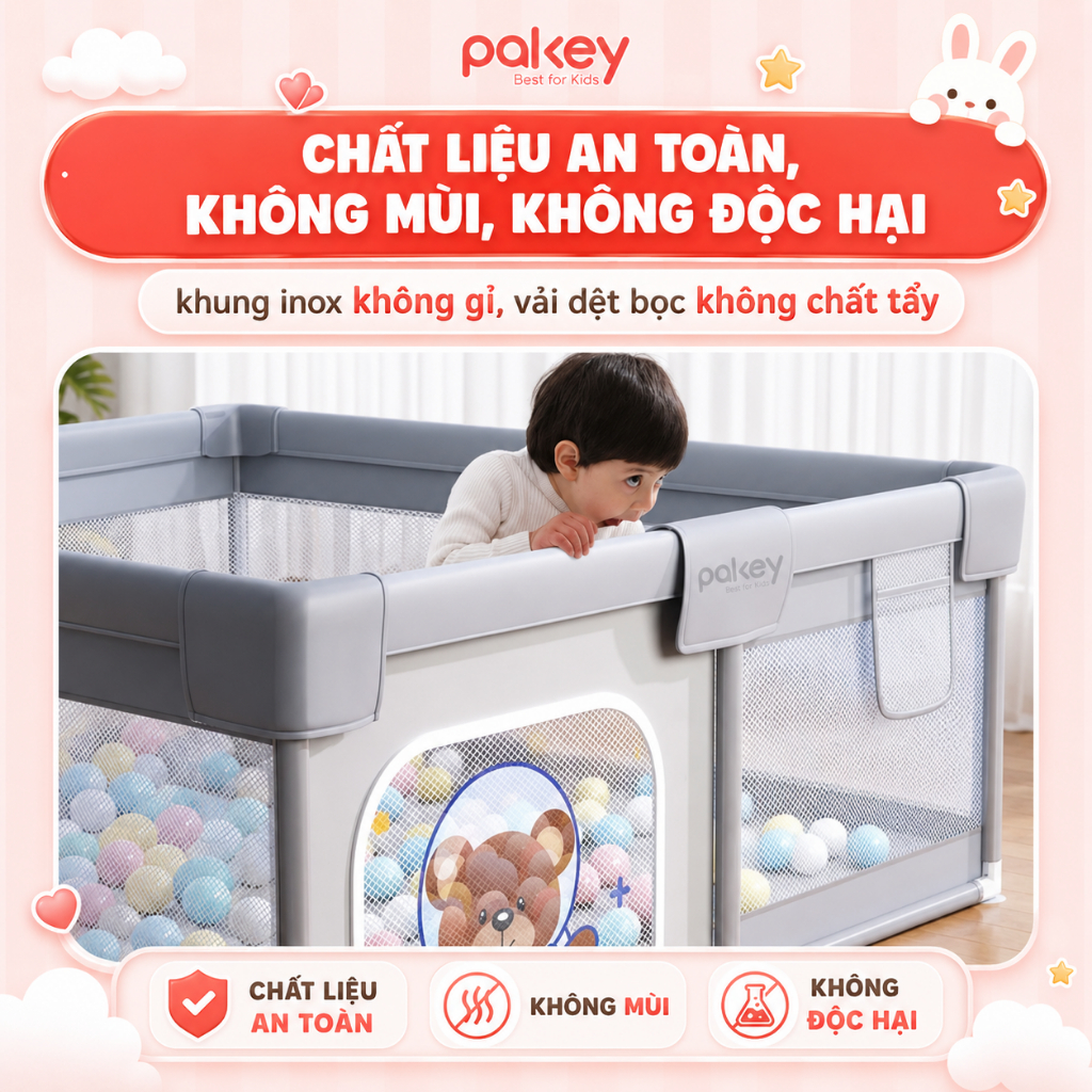 Quây Bóng Cho Bé Pakey, Quây Vải Nhà Bóng Cho Bé Khung INOX Chống Gỉ, Vải Oxford Dày Dặn Có Đế Hít Chân Không