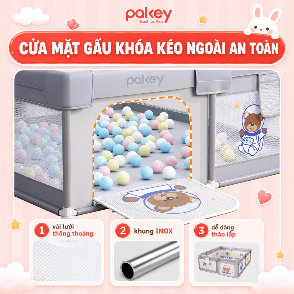 Quây Bóng Cho Bé Pakey, Quây Vải Nhà Bóng Cho Bé Khung INOX Chống Gỉ, Vải Oxford Dày Dặn Có Đế Hít Chân Không