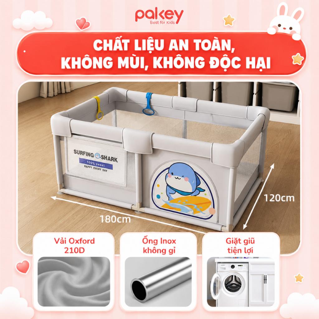 Quây Bóng Cho Bé Pakey, Quây Vải Nhà Bóng Cho Bé Khung INOX Chống Gỉ, Vải Oxford Dày Dặn Có Đế Hít Chân Không