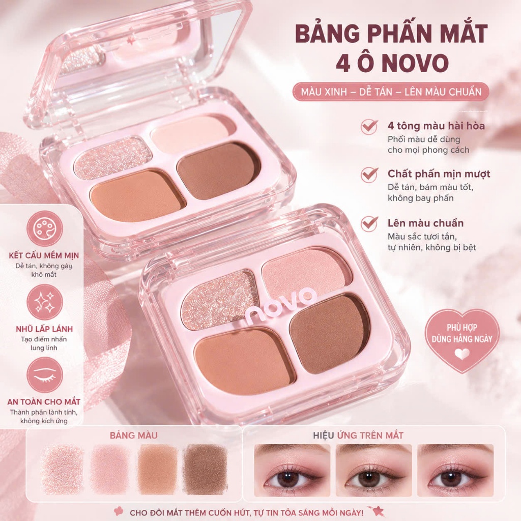 🌸 BẢNG PHẤN MẮT 4 Ô NOVO – TONE HỒNG NÂU NGỌT NGÀO TỰ NHIÊN , DỄ PHỐI MÀU 🌸NoVo 9049
