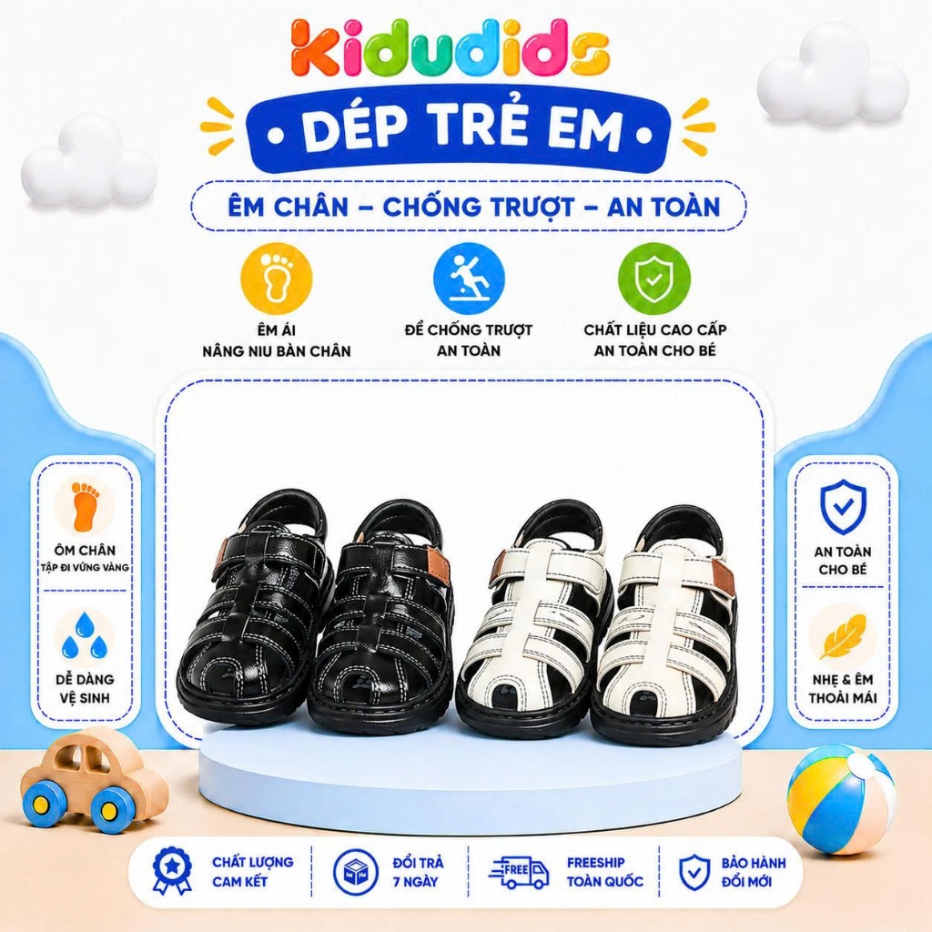 Dép Sandal Bé Trai Tập Đi Kidudids Cao Cấp Mũi Kín Chống Trượt Êm Chân Tập Đi An Toàn Size 16-20