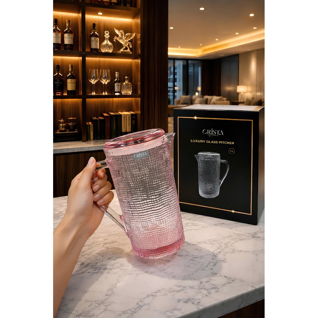 Bình Thủy Tinh Vân Lưới Dập Nổi CRISTA HOME 1L – Bình Đựng Nước Thủy Tinh Có Nắp Tre Cao Cấp