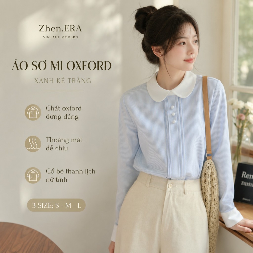 Áo Sơ Mi Nữ Dài Tay Hàn Quốc Cổ Sen Kẻ Sọc Xanh - Phong Cách Công Sở Thanh Lịch - ZhenERA AK26