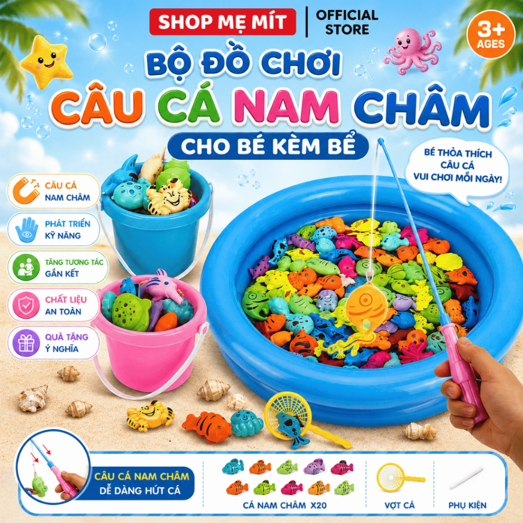 Bộ Đồ Chơi Câu Cá Nam Châm Cho Bé Kèm Bể, Cần Câu Và Vợt Cá – Rèn Luyện Khéo Léo, Tương Tác Gia Đình