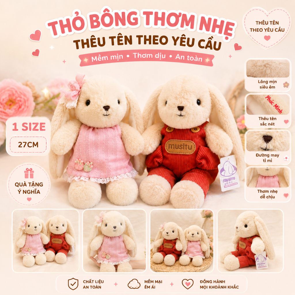 Thỏ Bông Thơm Nhẹ Thêu Tên Theo Yêu Cầu – Gấu Bông Cute Làm Quà Tặng Người Yêu Siêu Ý Nghĩa