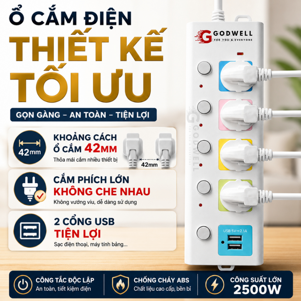 Ổ Cắm Điện Đa Năng GODWELL Chịu Tải 2500W Dây Dài 1.8-4m, Có Cổng USB, Chốt Bấm Chống Giật An Toàn