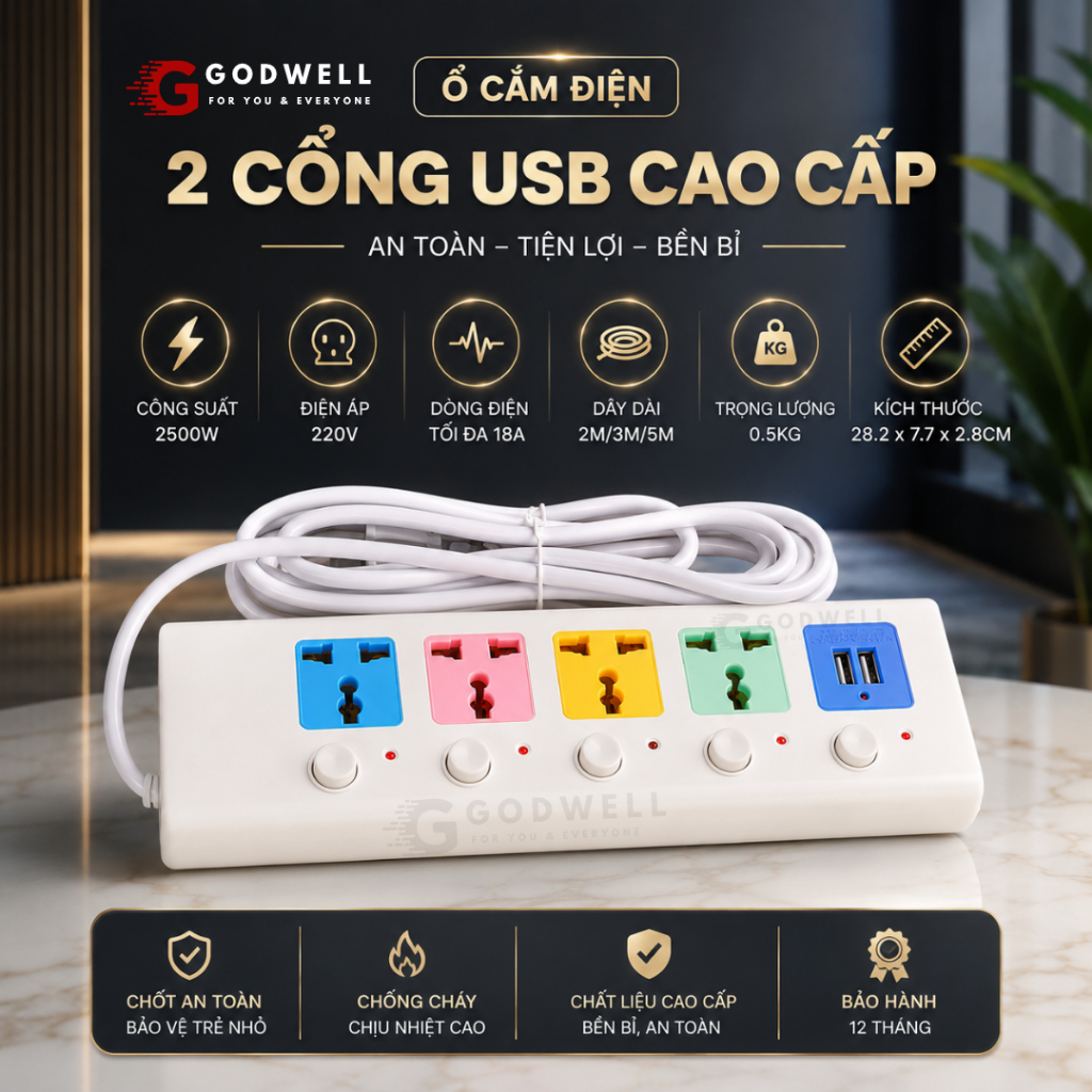 Ổ Cắm Điện Đa Năng GODWELL Chịu Tải 2500W Dây Dài 1.8-4m, Có Cổng USB, Chốt Bấm Chống Giật An Toàn