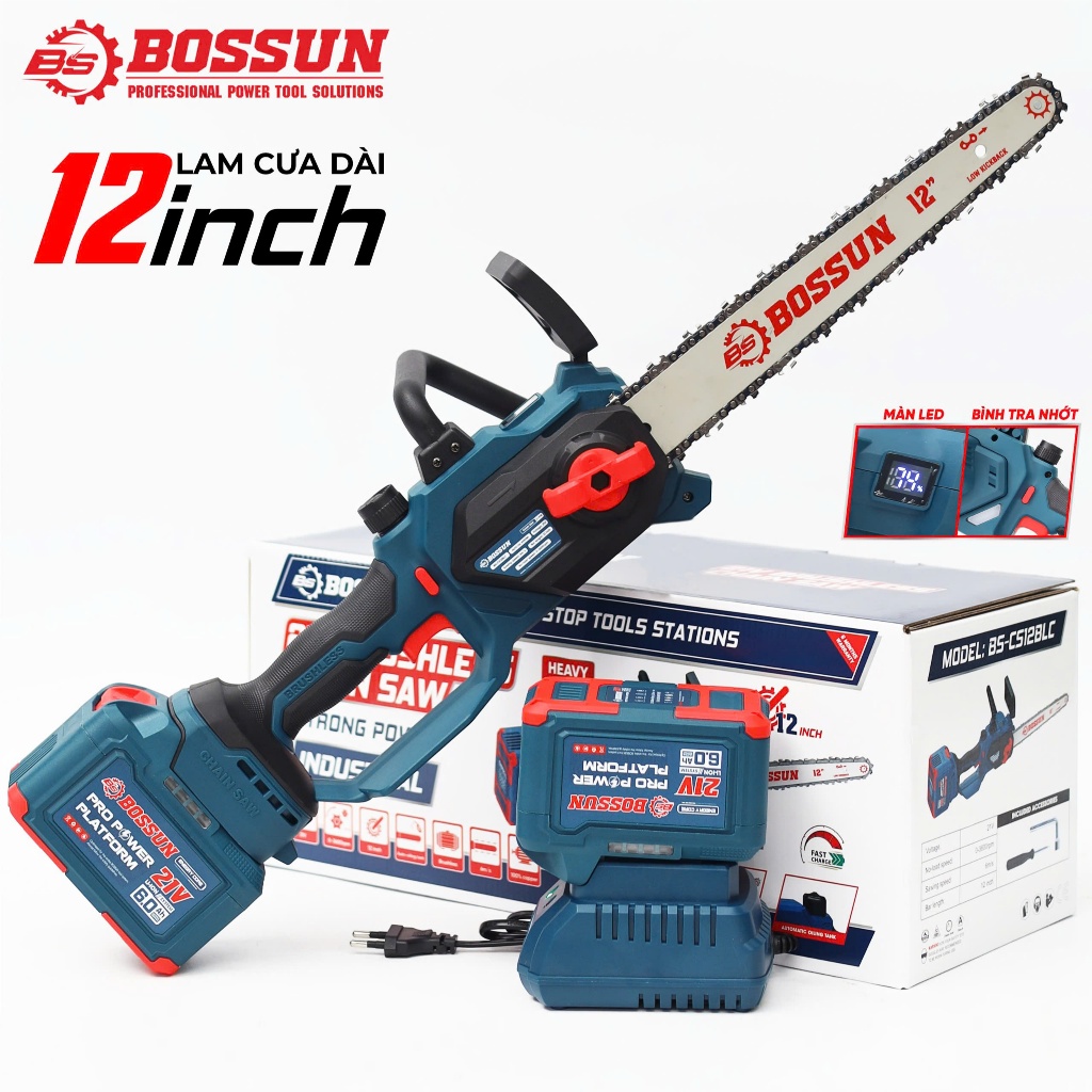 [CHÍNH HÃNG] Máy Cưa Xích 12in  BS-CS12BLC Bossun Không Chổi Than - 100% Lõi Đồng - Chuyên Cưa Gỗ, Cắt Cây,..