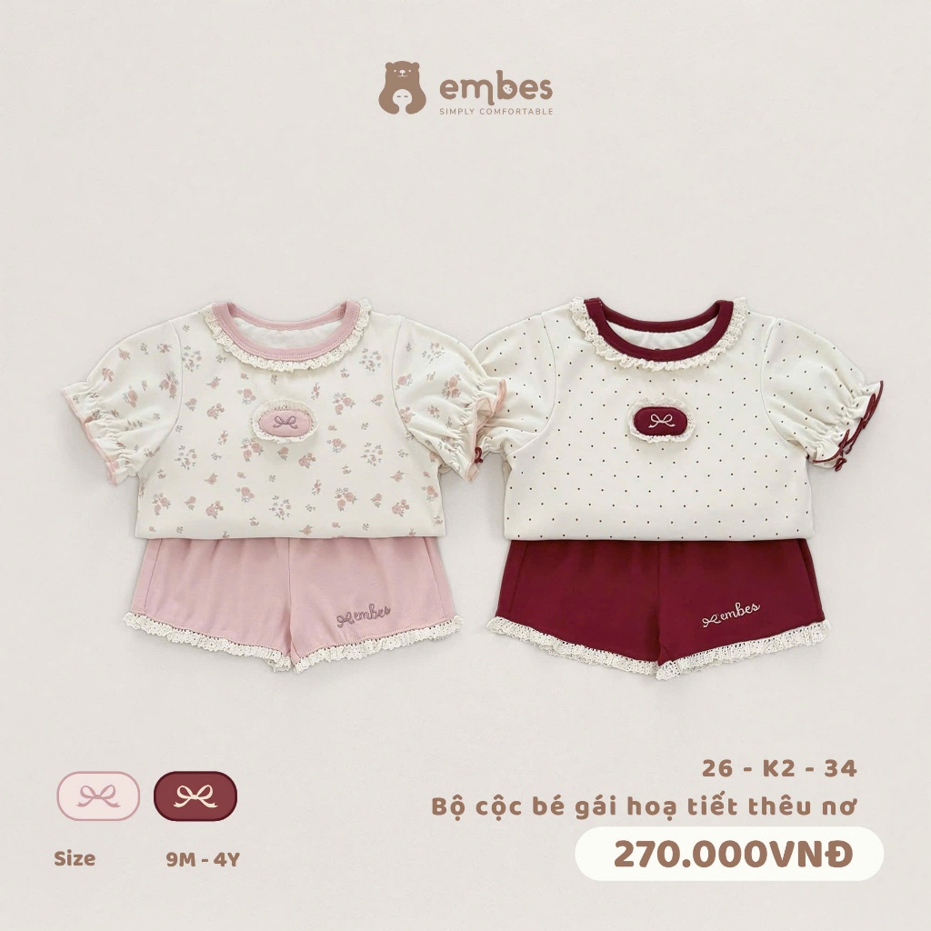 Bộ Cộc Bé Gái Embes, Bộ Cộc Tay In Họa Tiết Phối Viền Bèo Thêu Nơ Chất Cotton Cho Bé Gái Từ 8-17kg