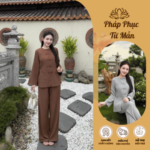Bộ đi chùa cổ tròn lụa nhuyễn dài tay Pháp phục đi lễ túi hai bên vải mềm mịn mặc tu tập