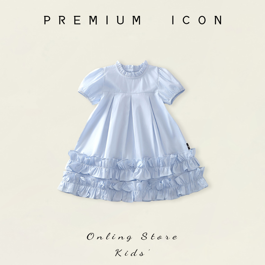 Váy Bé Gái, Váy Bé Gái Thiết Kế Tiểu Thư Phối Tay Bồng Cổ Bèo Chất Liệu Cotton Mặc Hàng Ngày