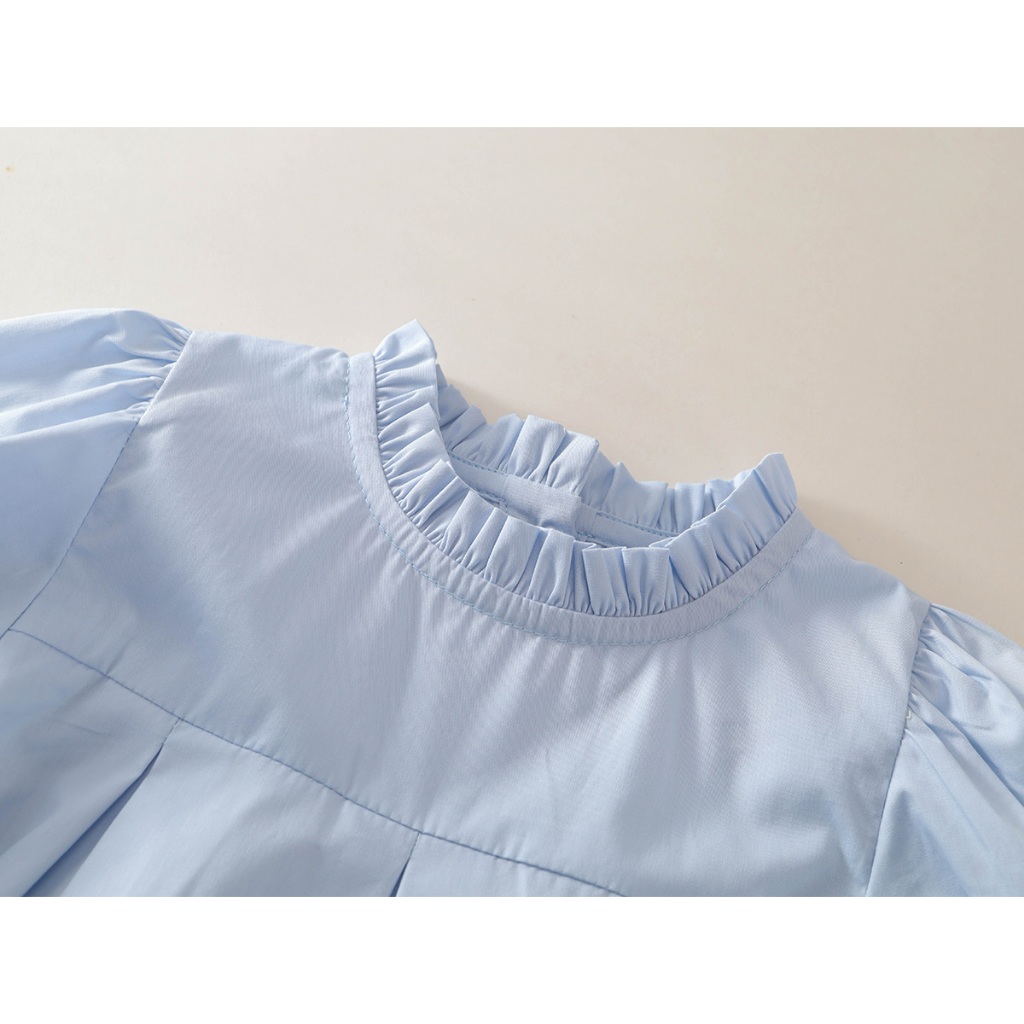 Váy Bé Gái, Váy Bé Gái Thiết Kế Tiểu Thư Phối Tay Bồng Cổ Bèo Chất Liệu Cotton Mặc Hàng Ngày