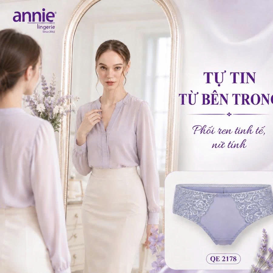 Quần lót nữ không viền sau annie QE 2178 không vết hằn, co giãn 4 chiều, lưng thấp có ren