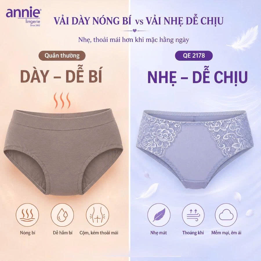 Quần lót nữ không viền sau annie QE 2178 không vết hằn, co giãn 4 chiều, lưng thấp có ren