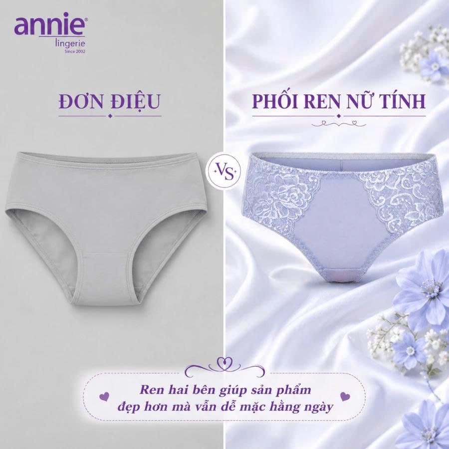 Quần lót nữ không viền sau annie QE 2178 không vết hằn, co giãn 4 chiều, lưng thấp có ren
