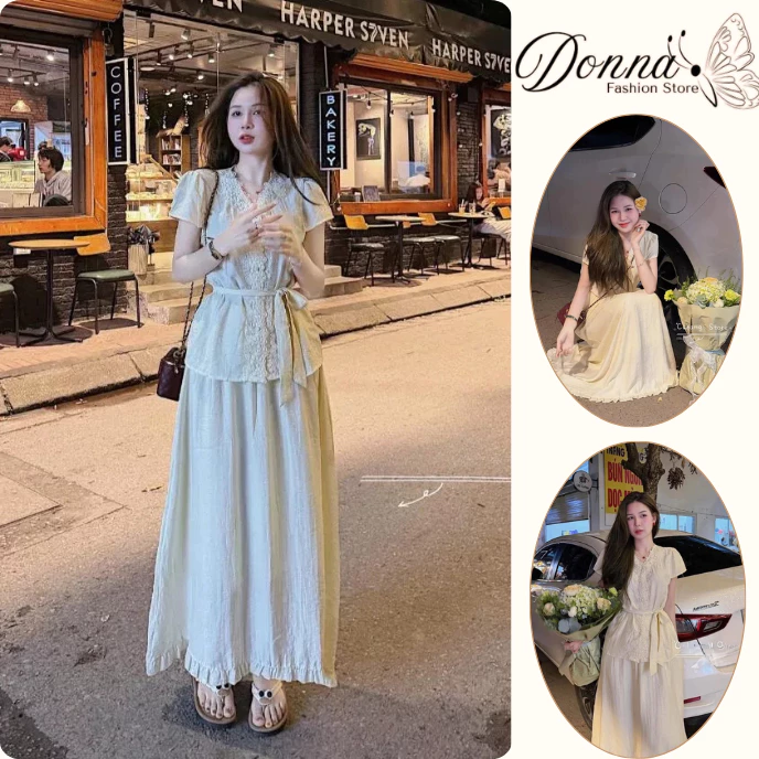 Set bộ đầm nữ hai mảnh áo tay ngắn phối ren kèm chân váy maxi dài thướt tha phong cách nàng thơ HCOM27141