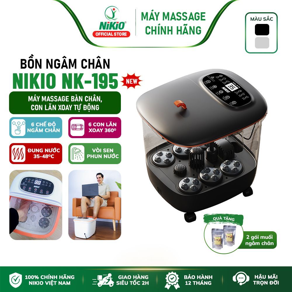 Bồn ngâm chân massage Nikio NK-195 NEW - Nhiệt độ điều chỉnh từ 35-48ºC, Con lăn tự động bấm huyệt