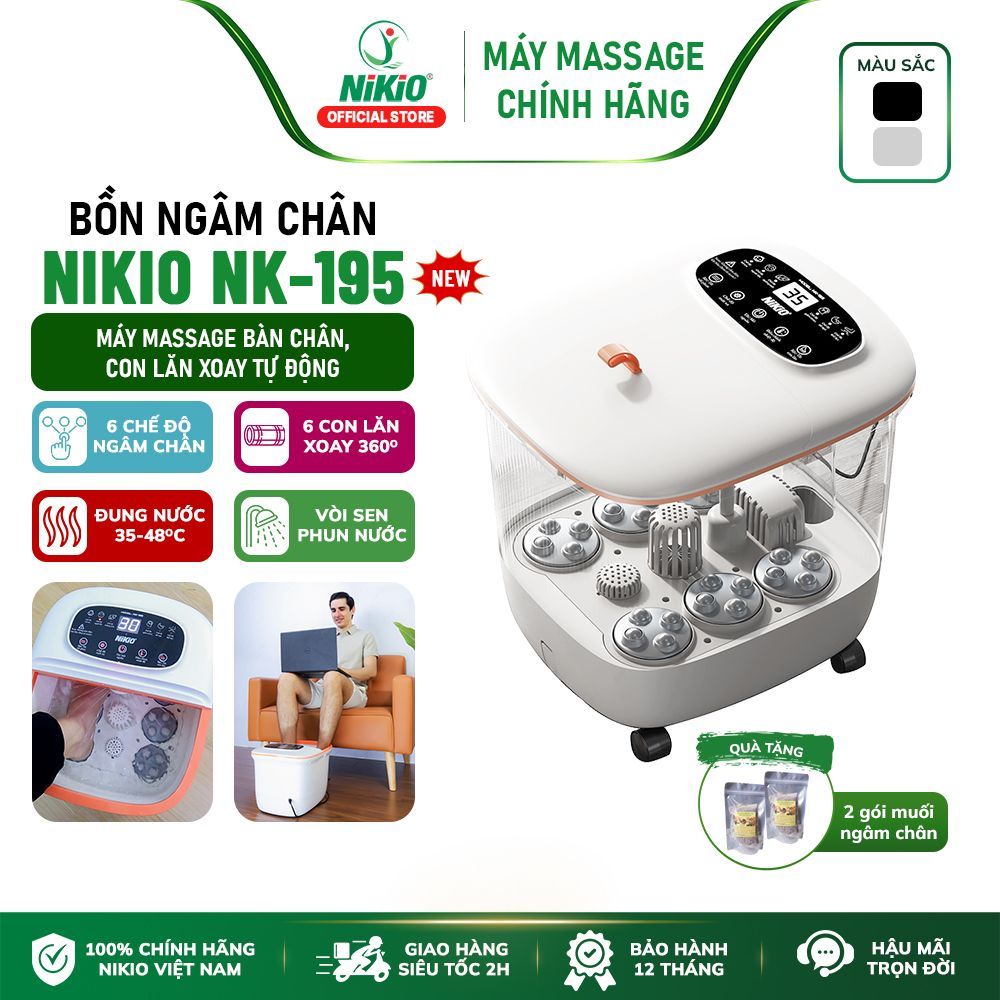 Bồn ngâm chân massage Nikio NK-195 NEW - Nhiệt độ điều chỉnh từ 35-48ºC, Con lăn tự động bấm huyệt