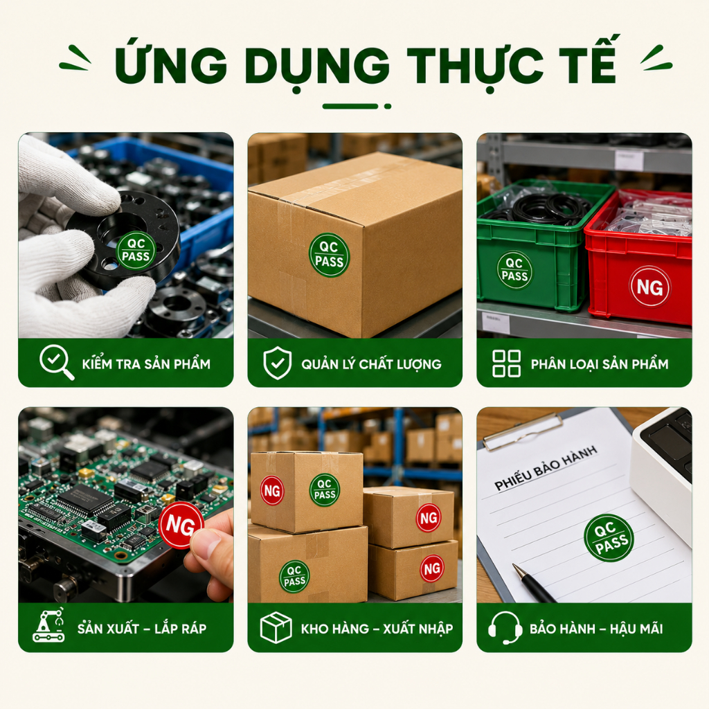 Tem QC PASS NG Decal Giấy - Nhãn Dán Kiểm Định Chất Lượng Sản Phẩm, Bám Dính Tốt, In Sắc Nét