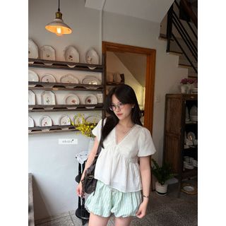 Áo babydoll nữ cổ V phối ren thiết kế 𝐎𝐫𝐚𝐥𝐢𝐞 𝐓𝐨𝐩 nhiennhienvintage NAS00026