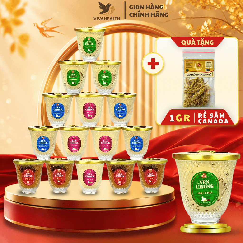 Combo 16 Ly Yến Chưng Mix 4 Vị HEALWA 70ml - Ly Thủy Tinh - Táo Đỏ, Hạt Chia, Hạt Sen, Đông Trùng