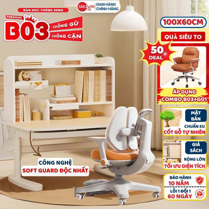 [MẪU MỚI 2026] Bàn học chống gù Sakawin Premium B03 Thiết kế giá sách 3 tầng Nâng nghiêng mặt bàn linh hoạt Size 100cm
