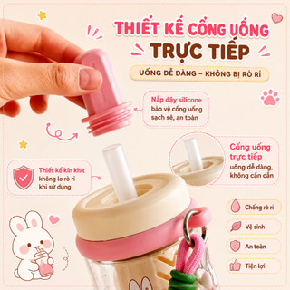 Bình Nước Thỏ Trắng Gấu Nâu Kèm Ống Hút Bình Nước Nhựa Tritan , Bảo Vệ Rò Rỉ Nước , Bình Nước Nhựa Cao Cấp