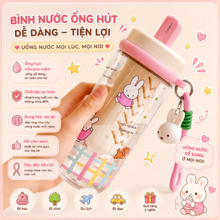 Bình Nước Thỏ Trắng Gấu Nâu Kèm Ống Hút Bình Nước Nhựa Tritan , Bảo Vệ Rò Rỉ Nước , Bình Nước Nhựa Cao Cấp