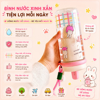 Bình Nước Thỏ Trắng Gấu Nâu Kèm Ống Hút Bình Nước Nhựa Tritan , Bảo Vệ Rò Rỉ Nước , Bình Nước Nhựa Cao Cấp