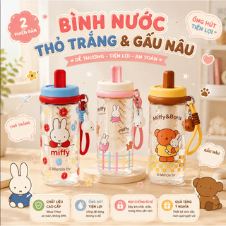 Bình Nước Thỏ Trắng Gấu Nâu Kèm Ống Hút Bình Nước Nhựa Tritan , Bảo Vệ Rò Rỉ Nước , Bình Nước Nhựa Cao Cấp