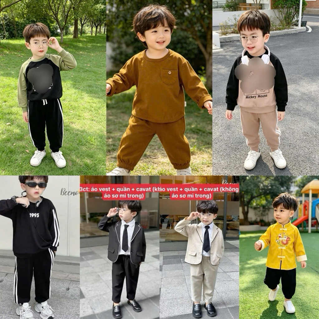 Bộ bé trai dài tay Beemo thu đông size 80-130 (9-24kg) chất cotton mềm mại, đồ bộ trẻ em mùa lạnh
