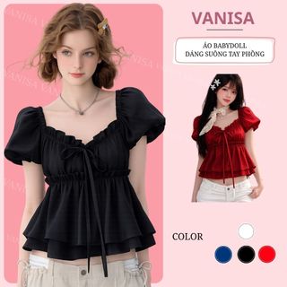 Áo voan nữ cổ vuông form babydoll che bụng tay bồng phong cách Hàn Quốc VANISA CT431