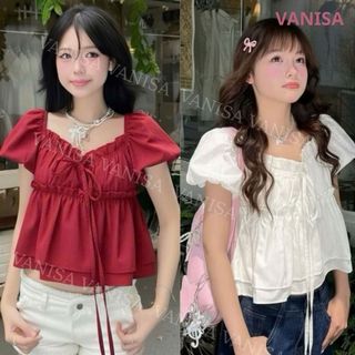 Áo voan nữ cổ vuông form babydoll che bụng tay bồng phong cách Hàn Quốc VANISA CT431