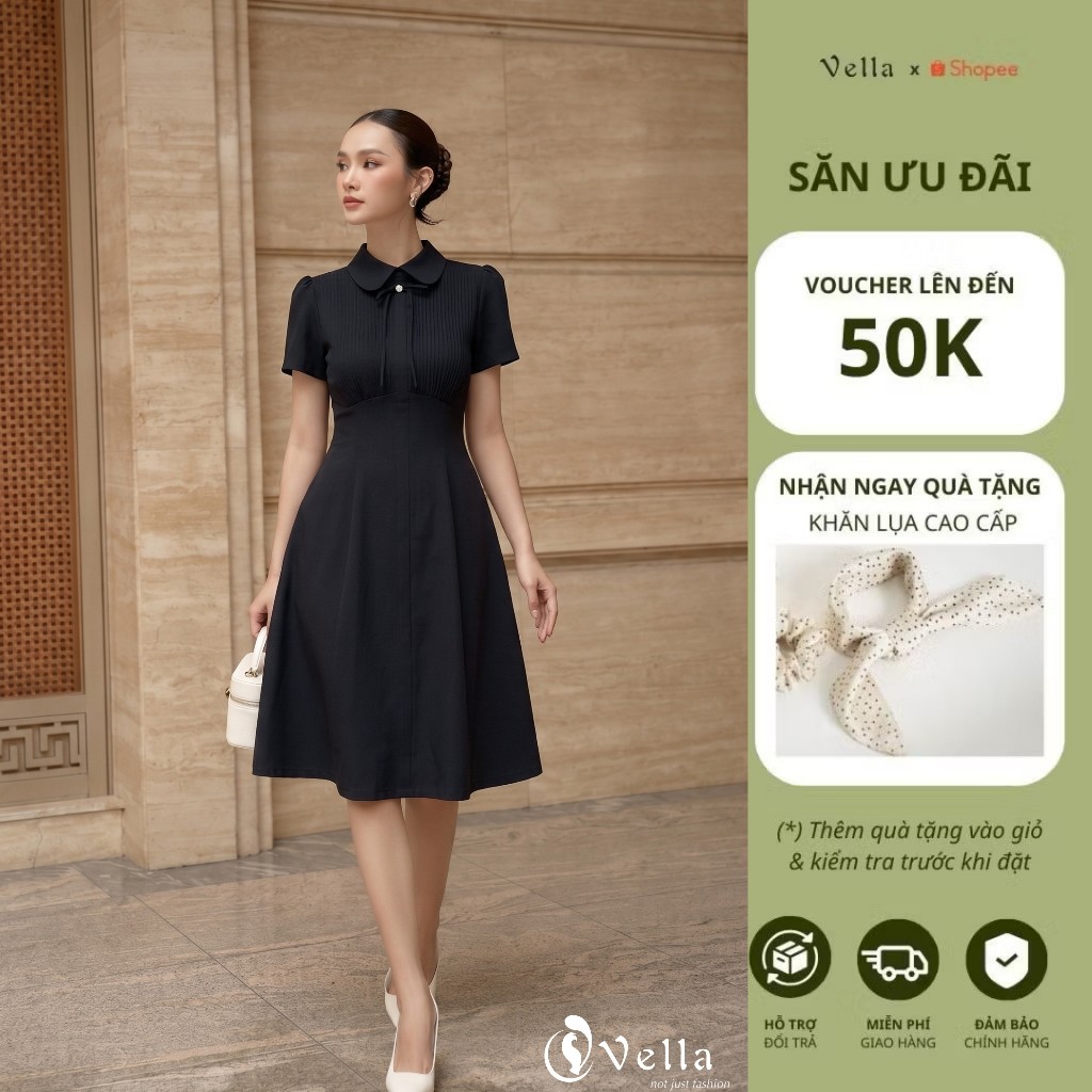 Đầm xòe công sở cao cấp cổ Peter Pan tay ngắn dáng dài qua gối màu Xám đen, Kem – Vella Fashion VD25060