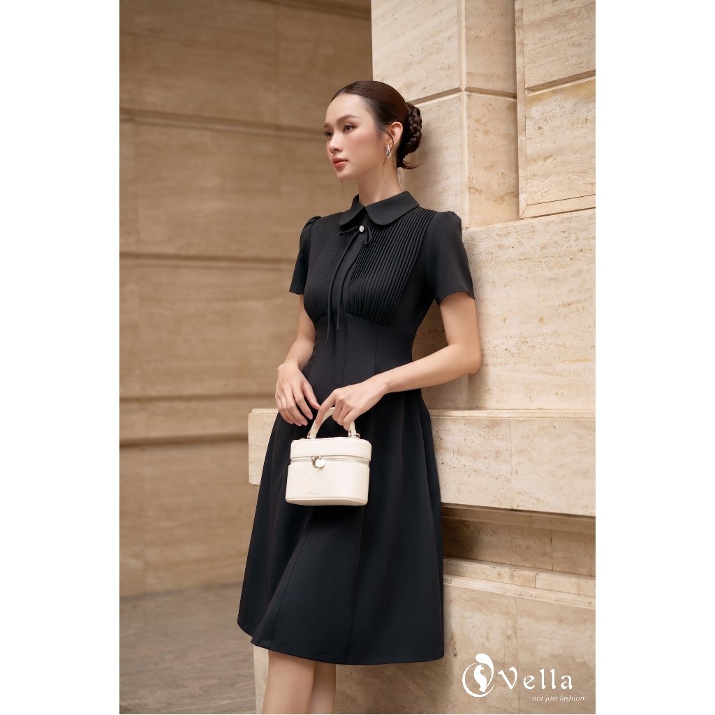 Đầm xòe công sở cao cấp cổ Peter Pan tay ngắn dáng dài qua gối màu Xám đen, Kem – Vella Fashion VD25060