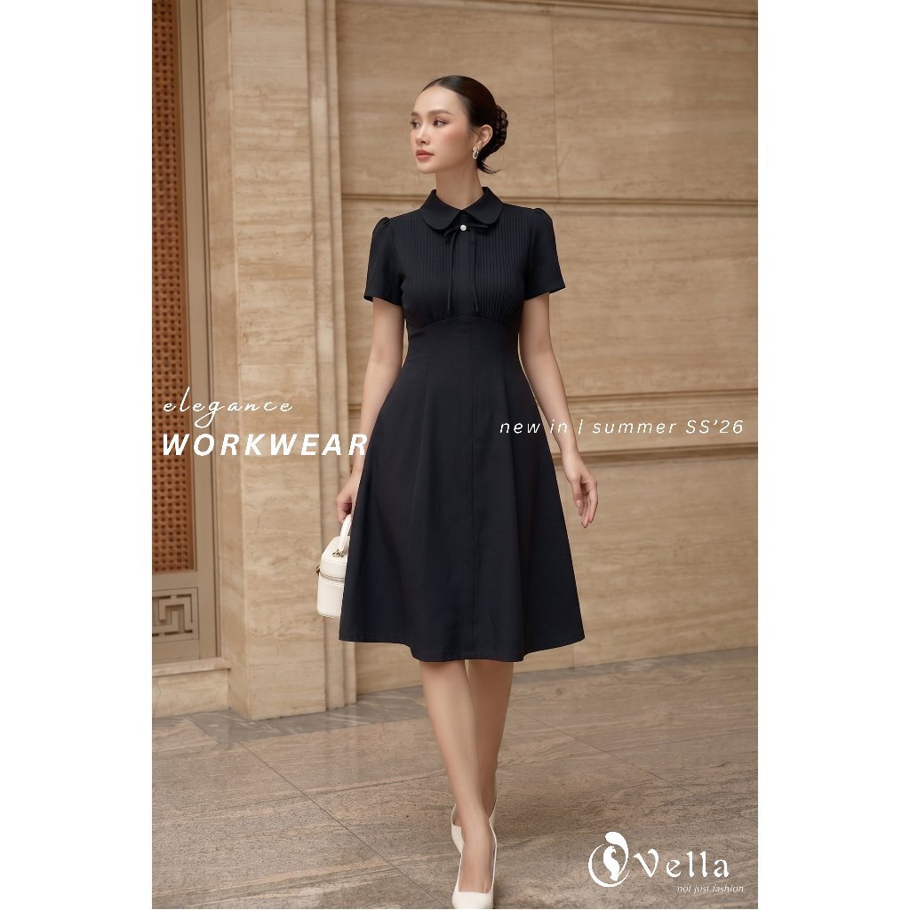 Đầm xòe công sở cao cấp cổ Peter Pan tay ngắn dáng dài qua gối màu Xám đen, Kem – Vella Fashion VD25060
