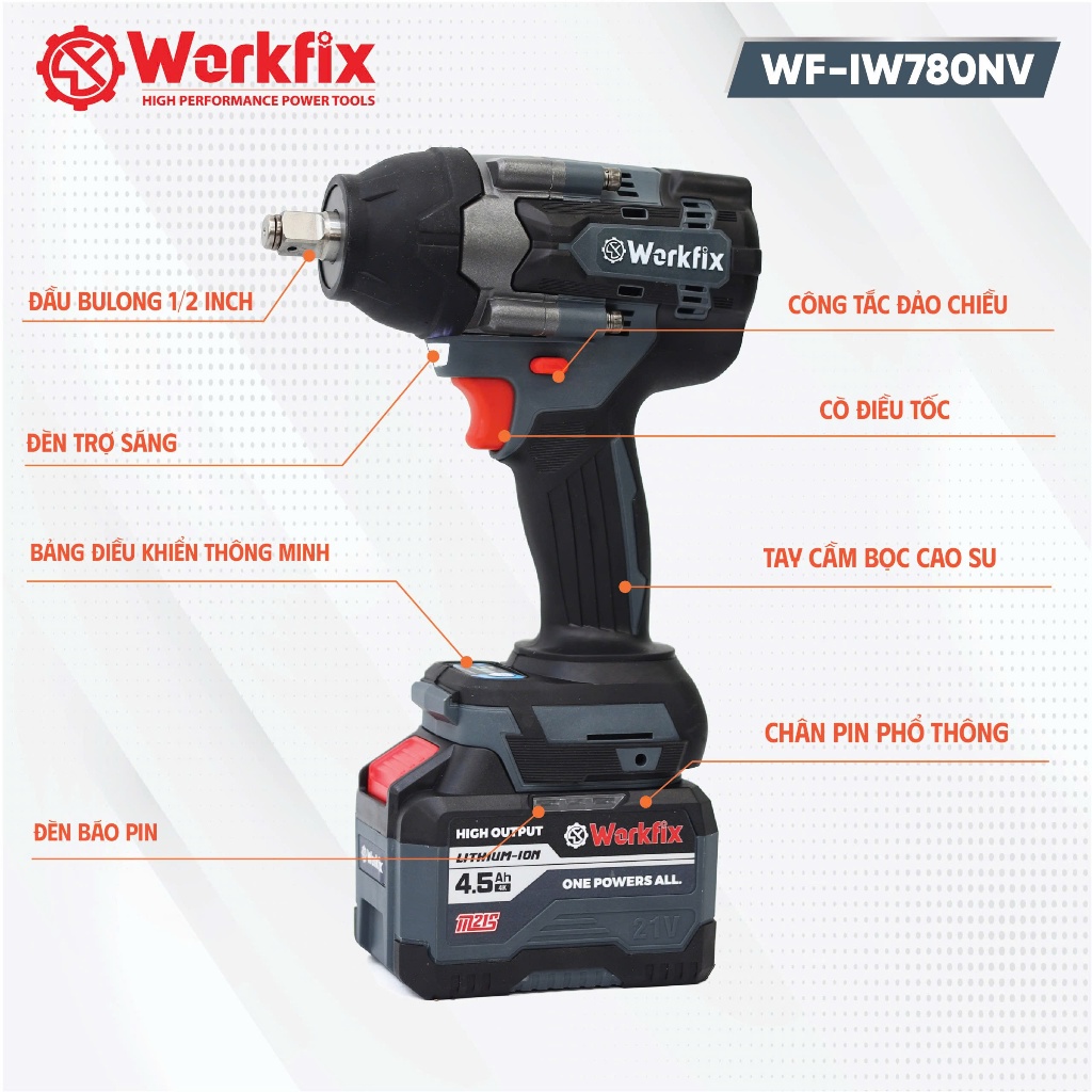 Máy siết bulong Workfix WF-IW780NV, Lực siết 780Nm - Siết mở ốc ô tô, xe máy - Không chổi than