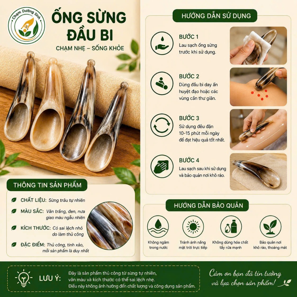 Ống Sừng Đầu Bi Day Ấn Huyệt Cạo Gió Cao Cấp-Dụng Cụ Massage Thư Giãn Cổ Vai Gáy,Khai Thông Kinh Lạc