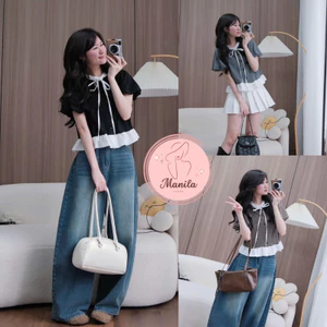 Áo Babydoll Vintage Nữ Tay Phồng Cổ Bèo Thắt Nơ Phong Cách Hàn Quốc Dễ Thương