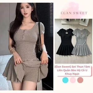 Set Thun Tăm Liền Quần Bảo Hộ Cổ U Khuy Ngực - Váy Ngắn Xòe Xếp Ly Ôm Body Thể Thao Năng Động