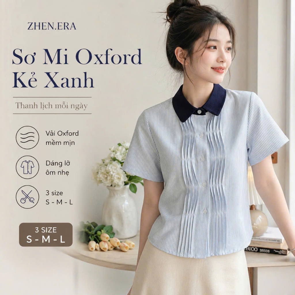 Áo Sơ Mi Kiểu Tay Ngắn Nữ Vải Oxford Xếp Ly Kẻ Xanh Phối Cổ - Áo Sơ Mi Kiểu Công Sở ZhenERA AK21