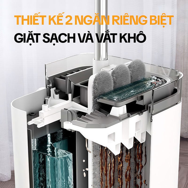Cây Lau Nhà Tách Nước Bẩn KITIMOP SUPER CLEAN SC06, Thùng Lau Nhà Tự Vắt Thông Minh, Chổi Lau Nhà Xoay 360 Độ