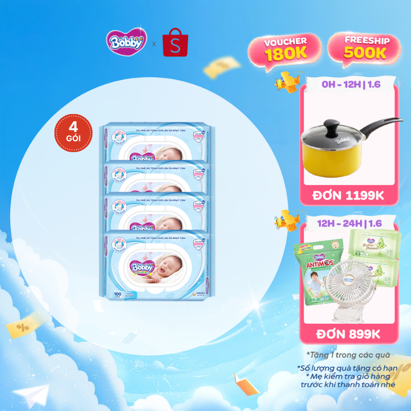 Bộ 4 gói Khăn ướt Bobby không mùi 100 tờ/gói (Xanh)