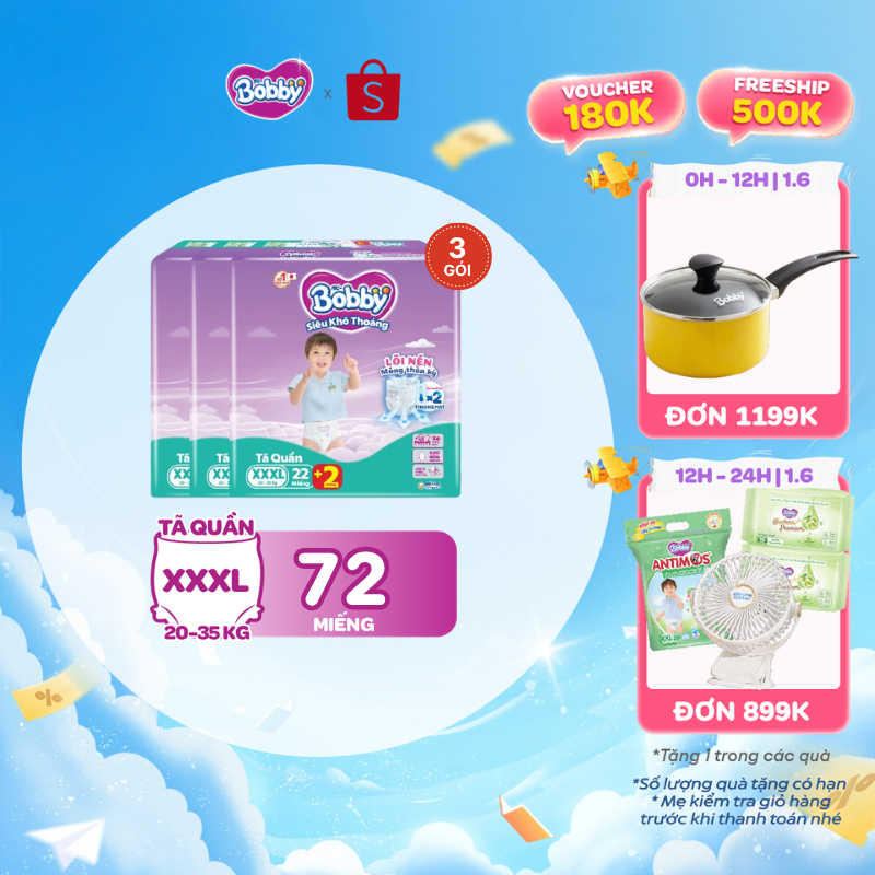 Combo 03 gói tã quần Bobby Siêu Khô Thoáng - 100% Thoáng Khí Jumbo S46/M42/L36/XL32/XXL28/XXXL22