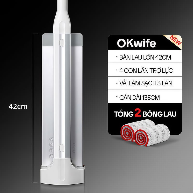 Cây Lau Nhà Tự Vắt OKwife HD-7020, Chổi Lau Nhà Tự Vắt Thông Minh Xoay 360 Độ, 2 Bông Lau