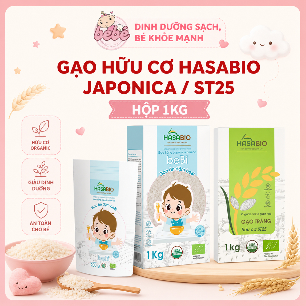 Gạo Hữu Cơ Hasabio - Gạo Jabonica, St25 1kg Cho Bé Ăn Dặm