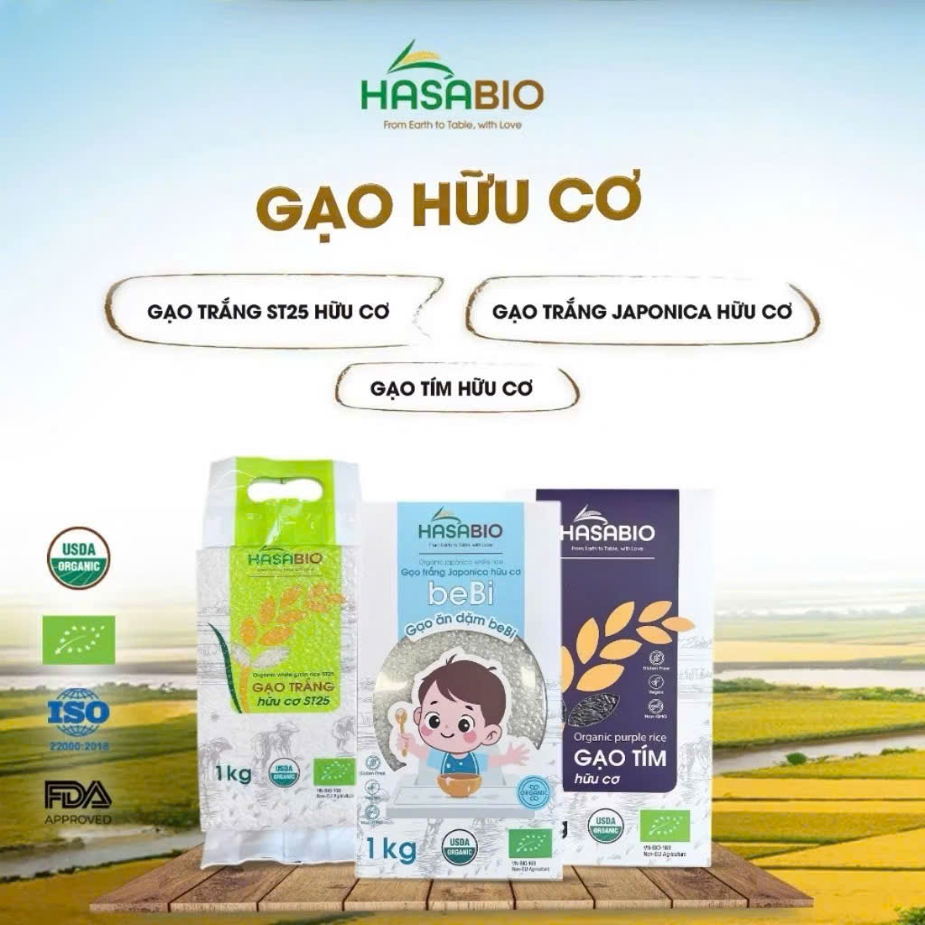 Gạo Hữu Cơ Hasabio - Gạo Jabonica, St25 1kg Cho Bé Ăn Dặm