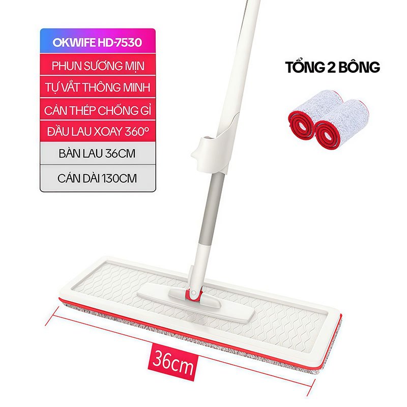 Cây Lau Nhà Phun Sương Tự Vắt OKwife HD-7530, Chổi Lau Nhà Tự Vắt Thông Minh Xoay 360 Độ, 2 Bông Lau
