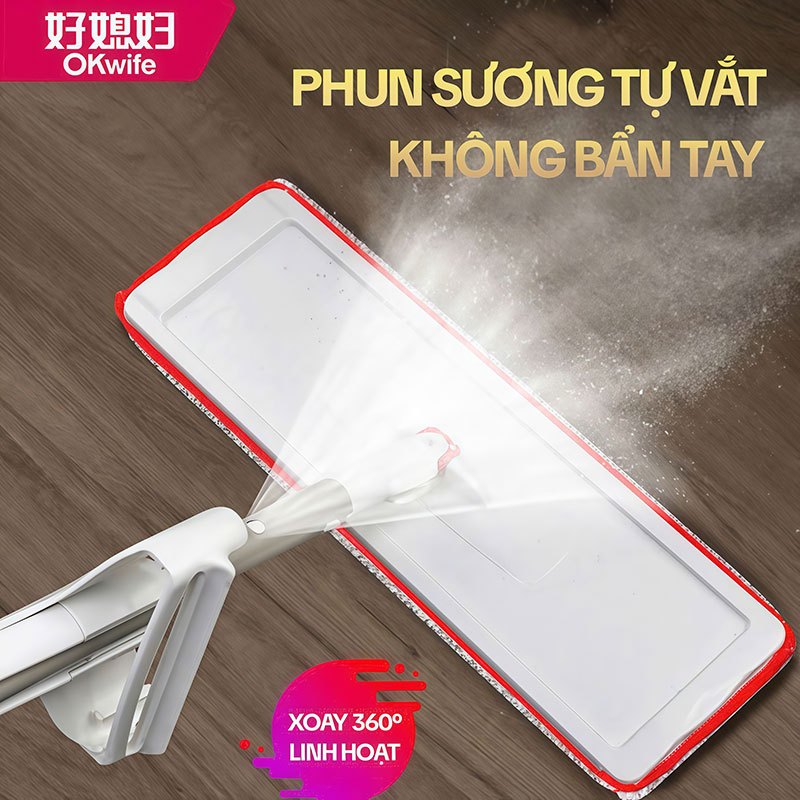 Cây Lau Nhà Phun Sương Tự Vắt OKwife HD-7530, Chổi Lau Nhà Tự Vắt Thông Minh Xoay 360 Độ, 2 Bông Lau