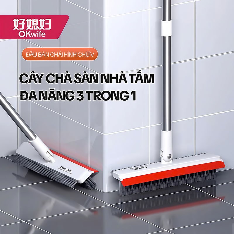 Cây Chà Sàn Nhà Tắm OKwife AGW-3458, Cây Chà Sàn Và Gạt Nước Đa Năng 3 Trong 1, Cán Dài 123cm